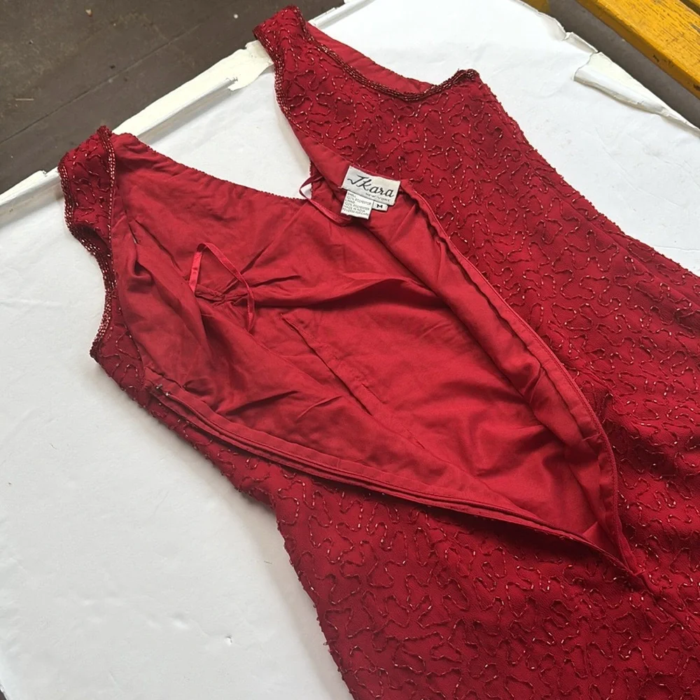 Vintage J Kara 90 2000 Beaded Short Gown Dress Flapper Red Medium y2k Nordstrom - Picture 16 of 17
